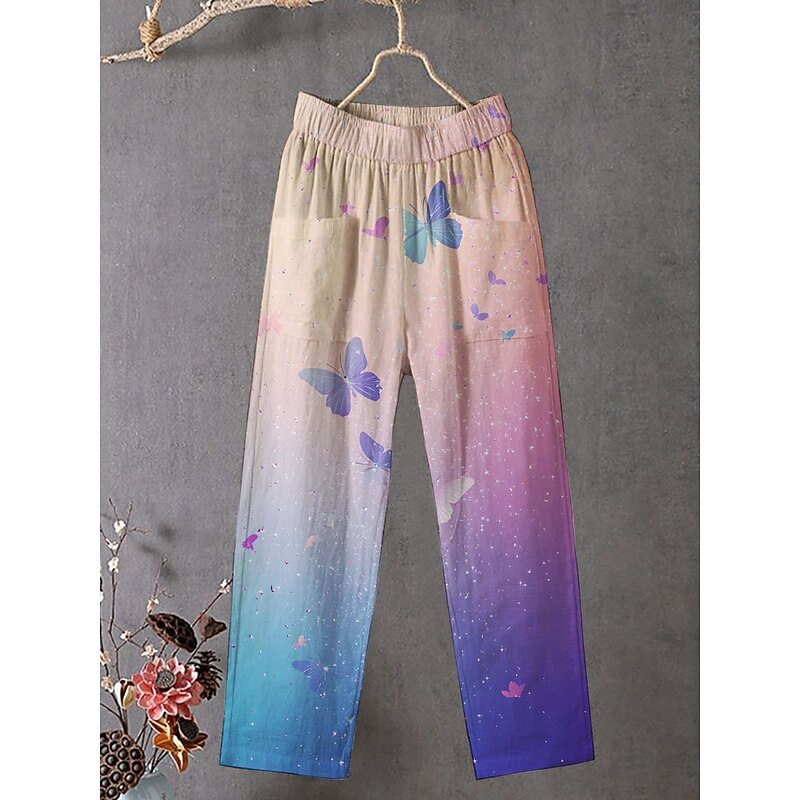 Women's Chinos Pants Trousers Streetwear Casual Full Length High Waist Butterfly Gradient Elastic Waist Print Breathability Comfortable Stretchy Vacation Street Daily Wear Purple Summer Spring Fall