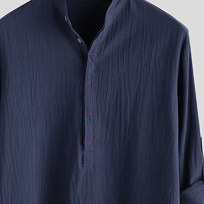 Men's Shirt Linen Shirt Popover Shirt Summer Shirt Beach Shirt Solid Color Vacation Casual White Navy Blue Brown Light Blue Long Sleeve Henley Summer Spring Clothing Apparel2