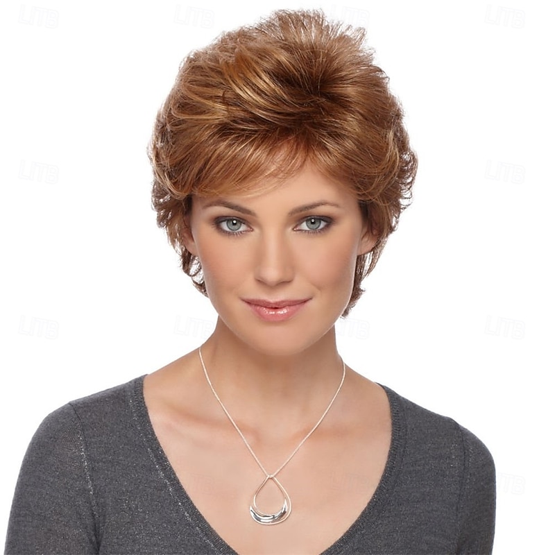 Women’s Short Copper Brown Layered Pixie Wig with Bangs Natural Looking Realistic Synthetic Hair Heat Resistant Elegant Daily Wear Fashion Style