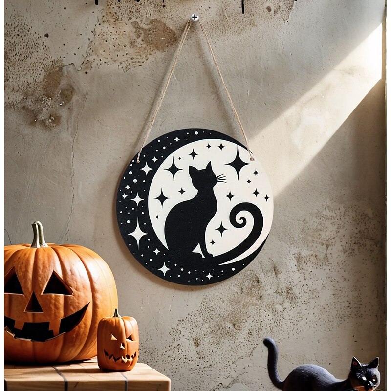 1PC Halloween Round Curly Cat Pattern Decorated Wooden Pendant Halloween-themed Decorative Tag Suitable for Ghost Festival Family Decoration Tag Party Decoration Tag3