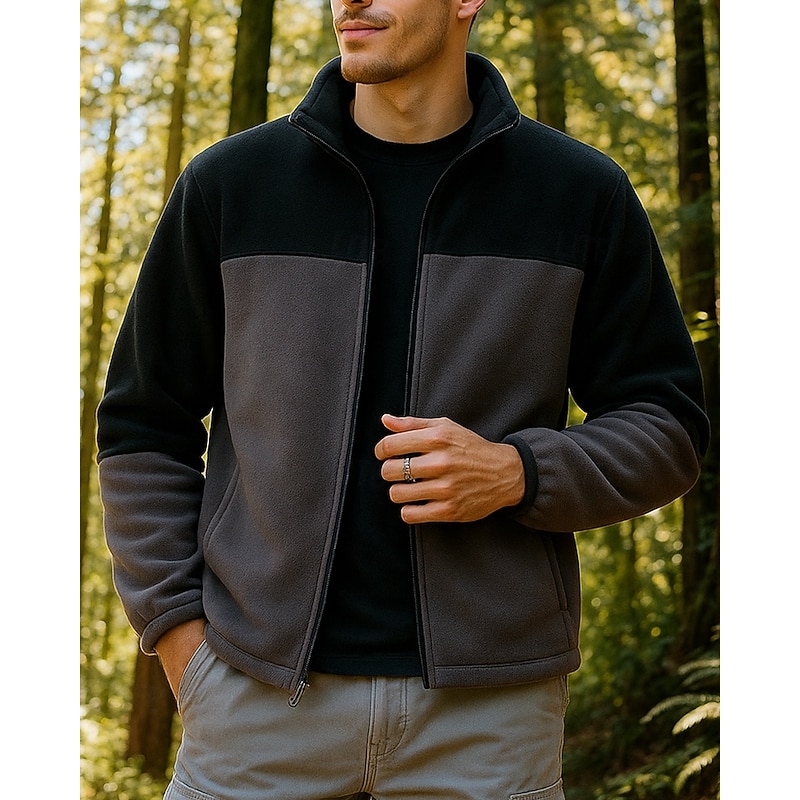 Men's Hiking Jacket Fleece Jacket Winter Outdoor Patchwork Thermal Warm Top Green Grey