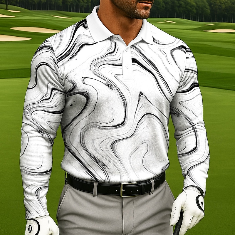 Men's Abstract Geometic Polo Long Sleeve Polo Shirts Lapel Casual Athleisure Daily Wear 3D Print Buttons Spring Fall Winter Lake blue Black White