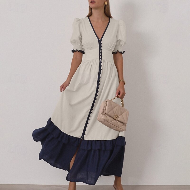Women's 55%Linen Maxi Dress Ruffle Dress Vacation Party Birthday Puff Sleeve Office Birthday Daily Regular Fit Plain Short Sleeve V Neck Apricot Summer Spring