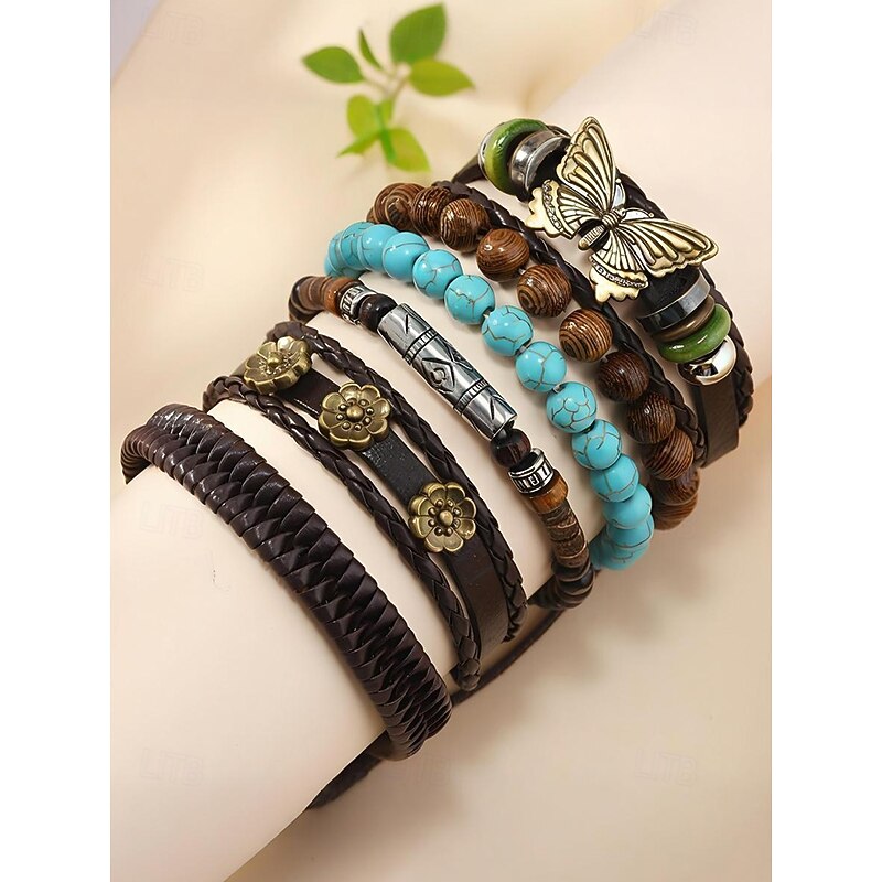 Women's Bohemian Leather and Wooden Beaded Bracelet Set – Vintage Butterfly Charm, Multilayer Turquoise Stack for Casual, Travel and Summer Festivals3