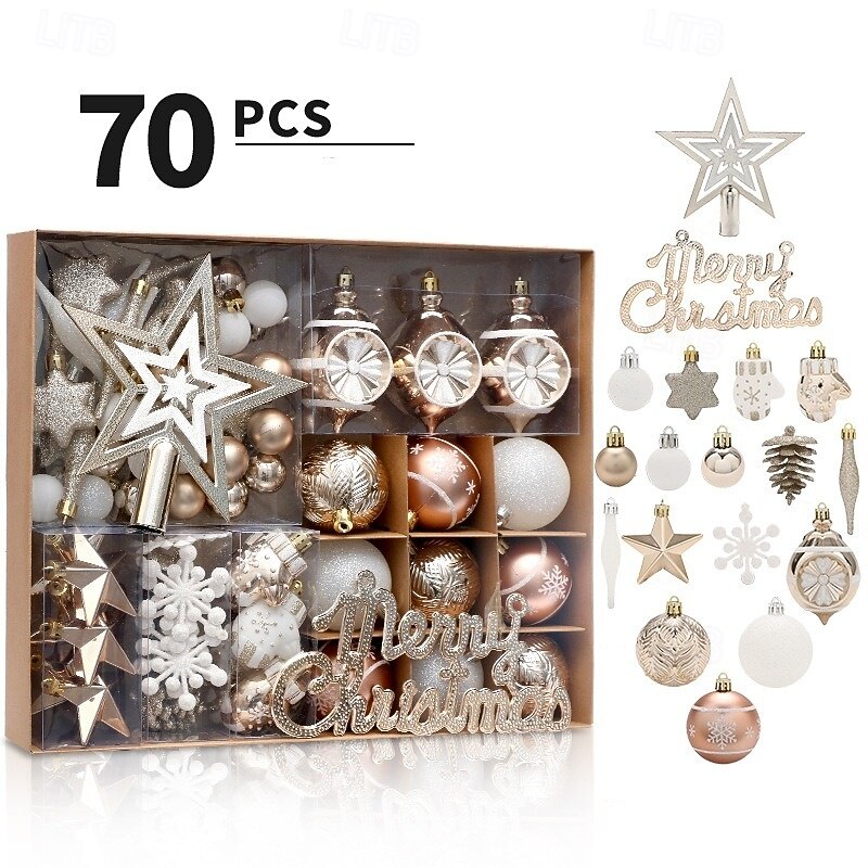 70 pcs Christmas Tree Balls Baubles Ornaments, Xmas Decoration, Painted Champagne Gold Balls with Tree Top Star Hanging Set, Festive Holiday Tree Decor