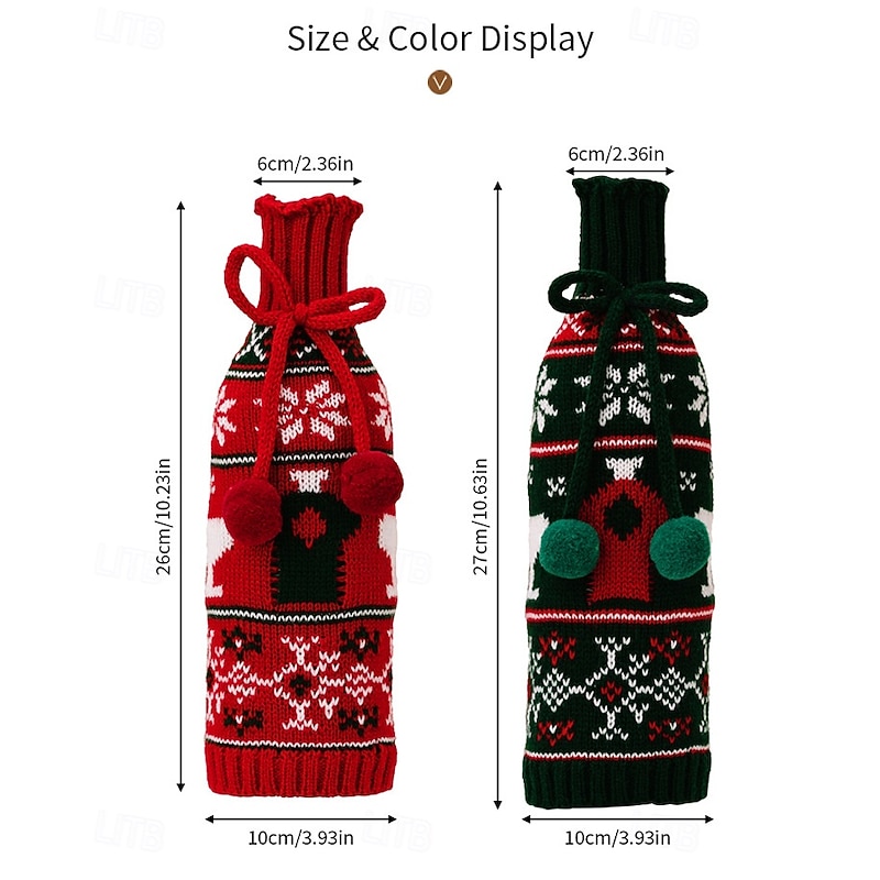 2Pcs Christmas Knitted Sweater Wine Bottle Covers with Bow and Pom Pom, Red Wine Bottle Sleeves for Bar Decoration and Holiday Party2