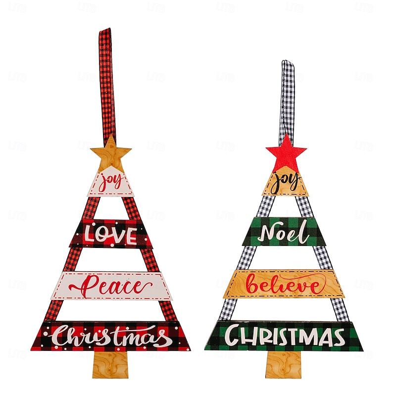 2pcs Christmas Wooden Tree Hanging Ornament, Rustic Wooden Craft Tag for Holiday Party Decoration, Christmas Hanging Decor2
