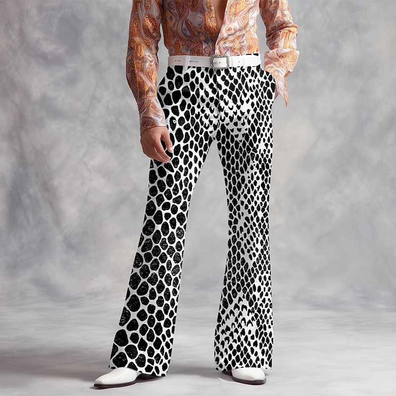 Men's Snake Skin Pattern Disco Pants 60s 70s Bell Bottoms Mid Waist Vintage Retro Outdoor Vacation Party Side Pockets Flared Leg Pants Trousers Spring Fall 3D Print Black White Gold4
