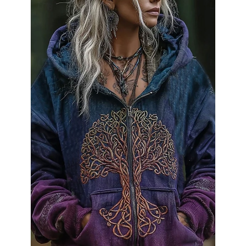 Women's 3D Print Vintage Boho Hoodie Patchwork Hoodie Sweatshirt Floral Zip Up s Graphic Tribal Fashion Casual Long Sleeve Hooded Regular Tops Street Dailywear Zipper Pocket Print Blue Spring Fall2
