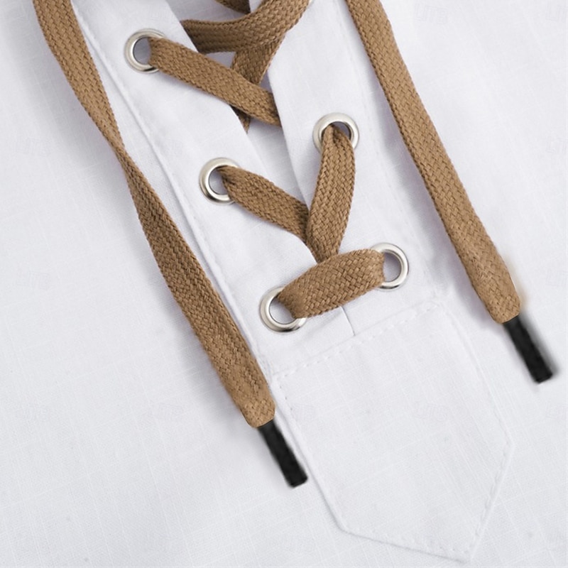 Men's Shirt Linen Shirt Viking Style Summer Shirt Beach Shirt Solid Color Vacation Casual White Blue Orange Green Long Sleeve Turndown Summer Spring Clothing Apparel Lace up2