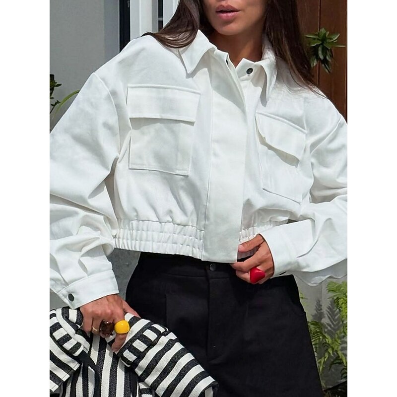 Women's Casual Jacket Comfortable Breathable Buttons Fashion Casual Plain Vacation Street Casual Daily Wear Zipper Short Stand Collar Regular Fit Long Sleeve Outerwear White Summer Spring