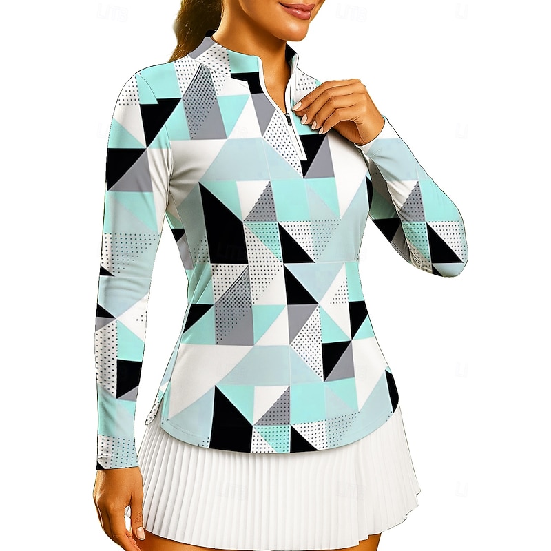 Women's Geometric Sweatshirt Tops Golf Polo Shirt Tennis Shirt Long Sleeve Print Quarter Zip Pullover UV Protection Elastic Breathable Tennis Golf Pickleball Stand Collar Zip Collar Shirt Polo Blue3