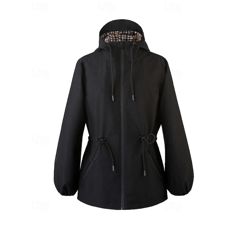 Women's Hoodie Jacket Waterproof Rain Jackets Rain Coats Warm Comfortable Drawstring Zipper Pocket Casual Plain Going out Weekend Zipper Regular Hooded Regular Fit Long Sleeve Outerwear Black Fall2