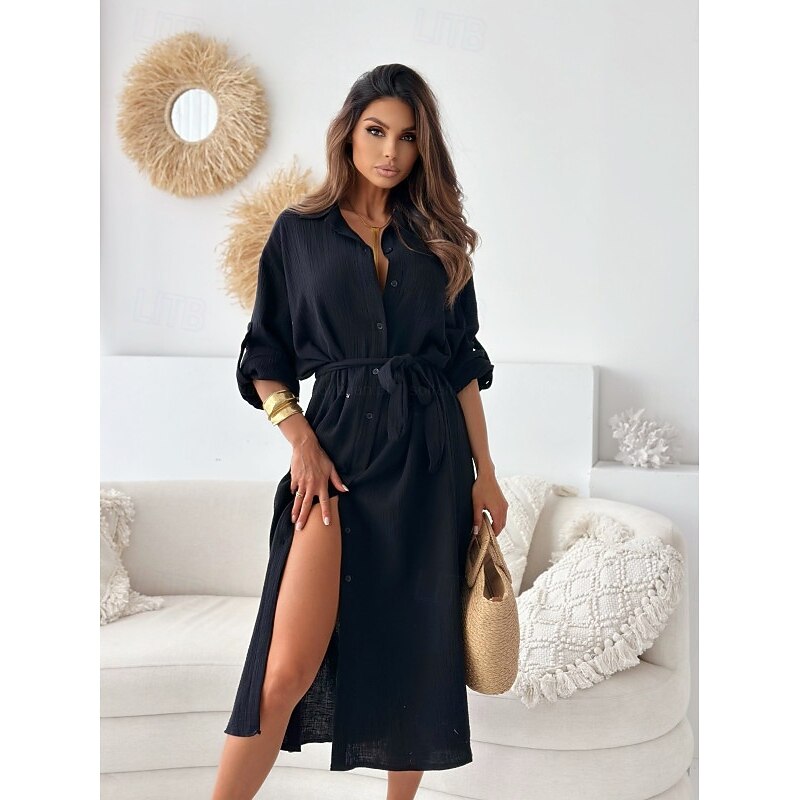 Women's Midi Dress Shirt Dress Elegant Daily Going out Regular Fit Pure Color Long Sleeve V Neck Black White Fall3