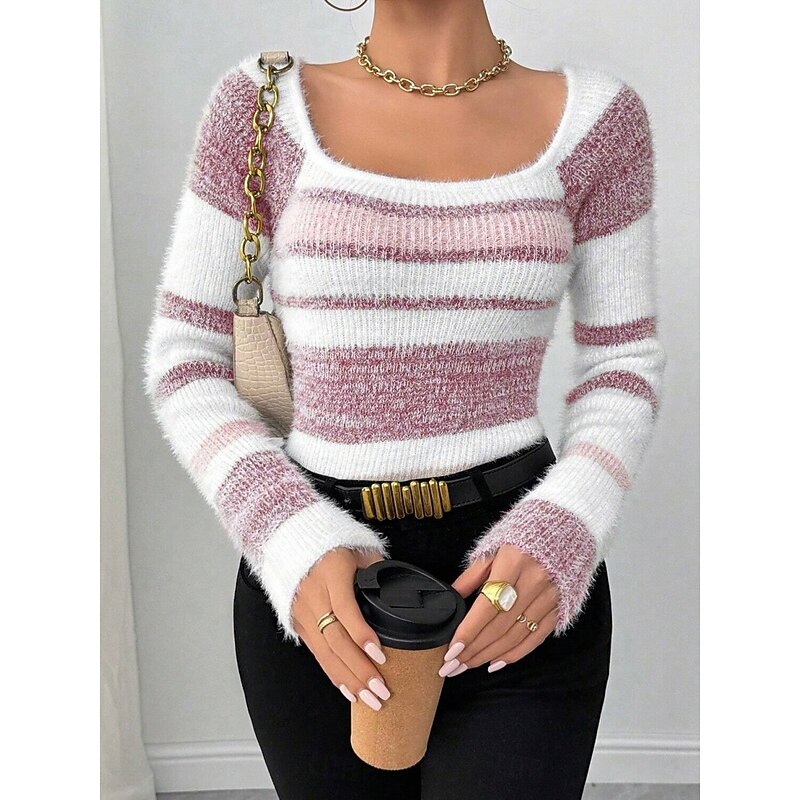 Women's Sweater Casual Soft Striped Ribbed Crew Neck Knitted Long Sleeve Regular Tops Knit Outdoor Daily Weekend Pink Blue Fall Winter2