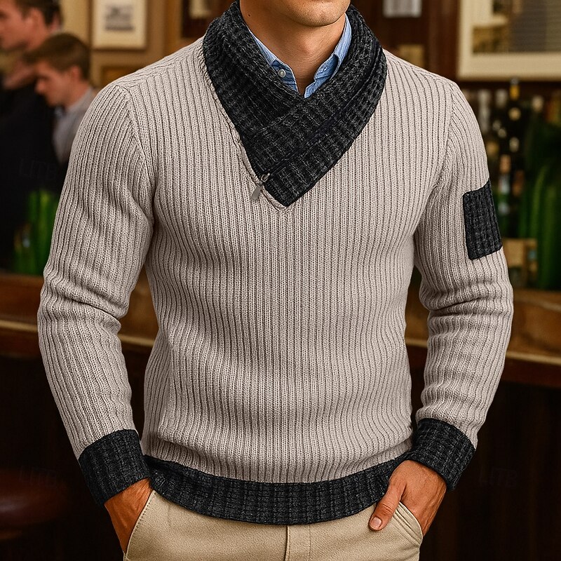 Men's Sweater Pullover Sweater Jumper Ribbed Knit Regular Tops Knitted Slim Fit Plain Shawl Knitwear Contemporary Casual Daily Wear Clothing Apparel Fall Black Red S M L4