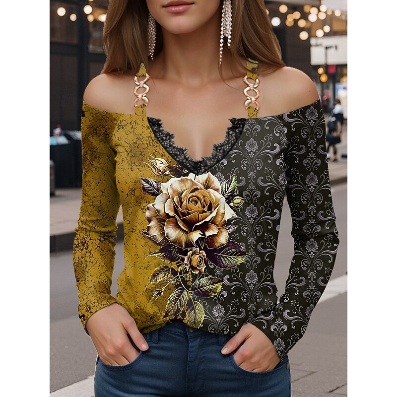 Women's T Shirt Graphic Rose Vintage Fashion Casual Long Sleeve Off Shoulder Regular Tops Daily Patchwork Print Yellow Red Blue Purple Green Summer Spring Fall4