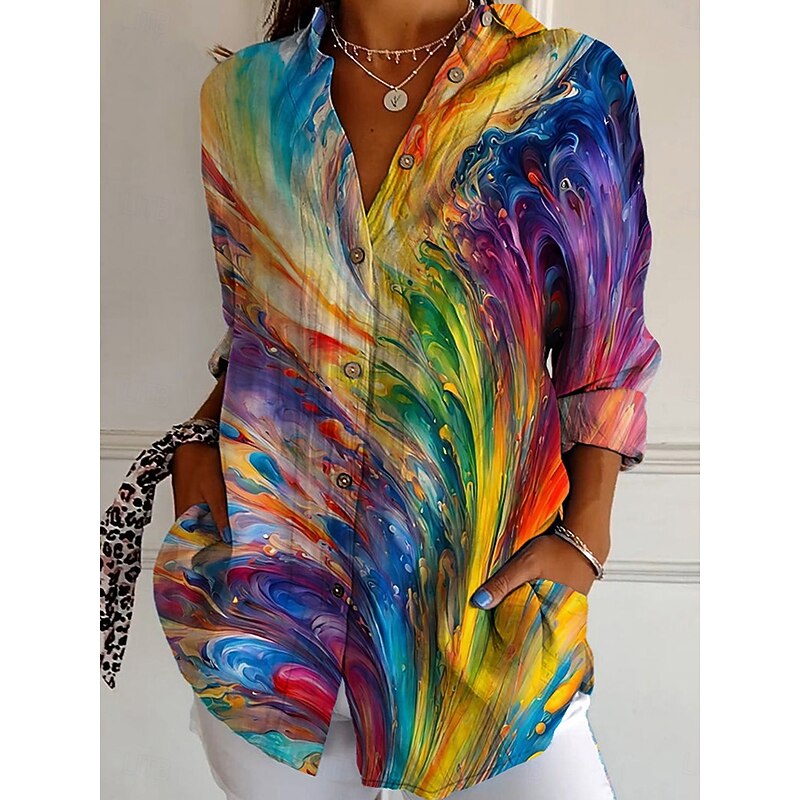 Women's Shirt Graphic Geometric Vintage Daily Casual Long Sleeve Shirt Collar Regular Tops Daily Holiday Print White Yellow Blue Dusty Blue Summer Spring3