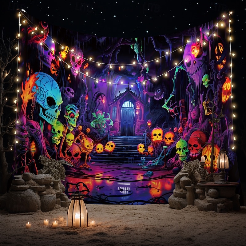 Halloween Tapestry Banners Wall Hangings Skeleton Colorful Fantasy Dark Punk Gothic Style Party Dorm Shooting Backgrounds Home Decor2