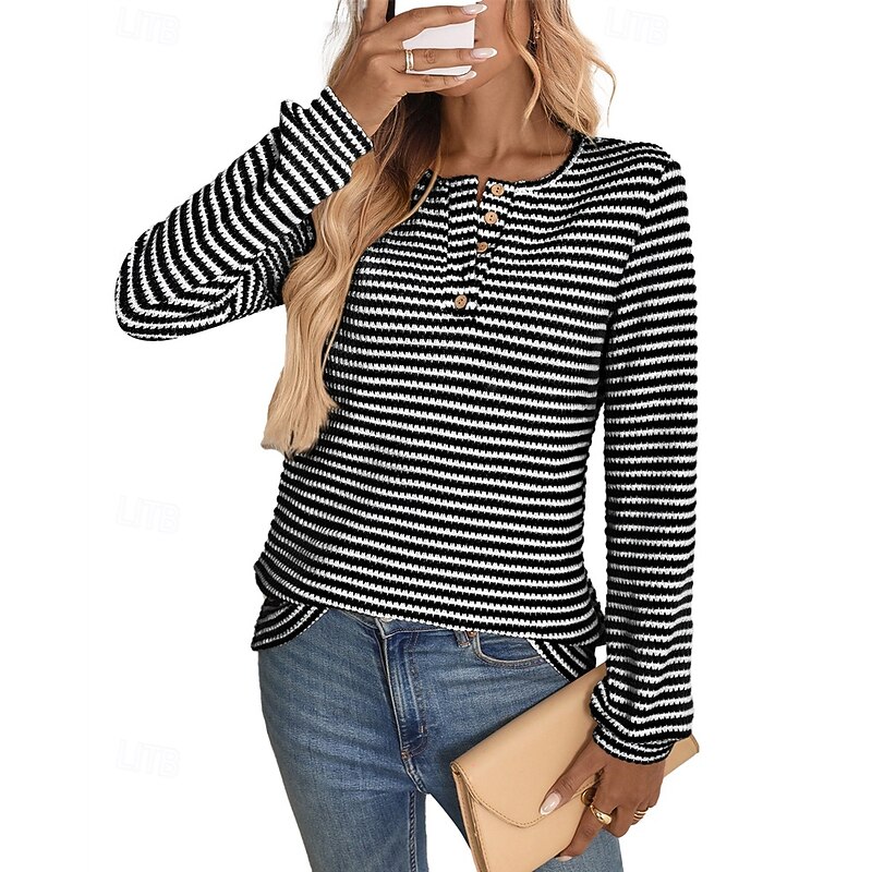 Women's Sweater Pullover Daily Stylish Casual Color Block Ribbed Crew Neck Buttons Knitted Long Sleeve Regular Tops Knit Daily Holiday Going out Black Wine Fall Winter