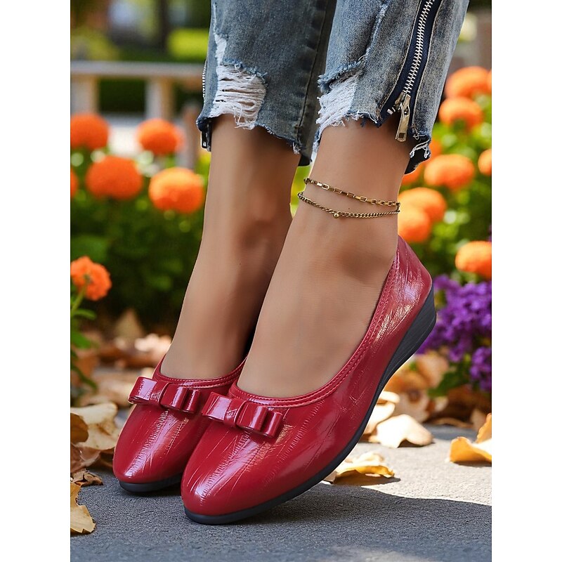 Women's Red Patent Faux Leather Ballet Flats with Bow Detail, Round Toe Slip-On Style, Comfortable Daily Shoes for Fall Casual Outfits and Office Wear3