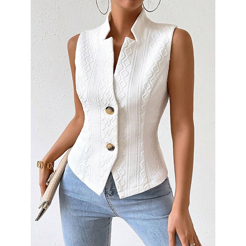 Women's Vest Comfortable Breathable Buttons Fashion Daily Plain Outdoor Casual Daily Single Breasted Regular Stand Collar Regular Fit Sleeveless Outerwear Black White Summer Spring4