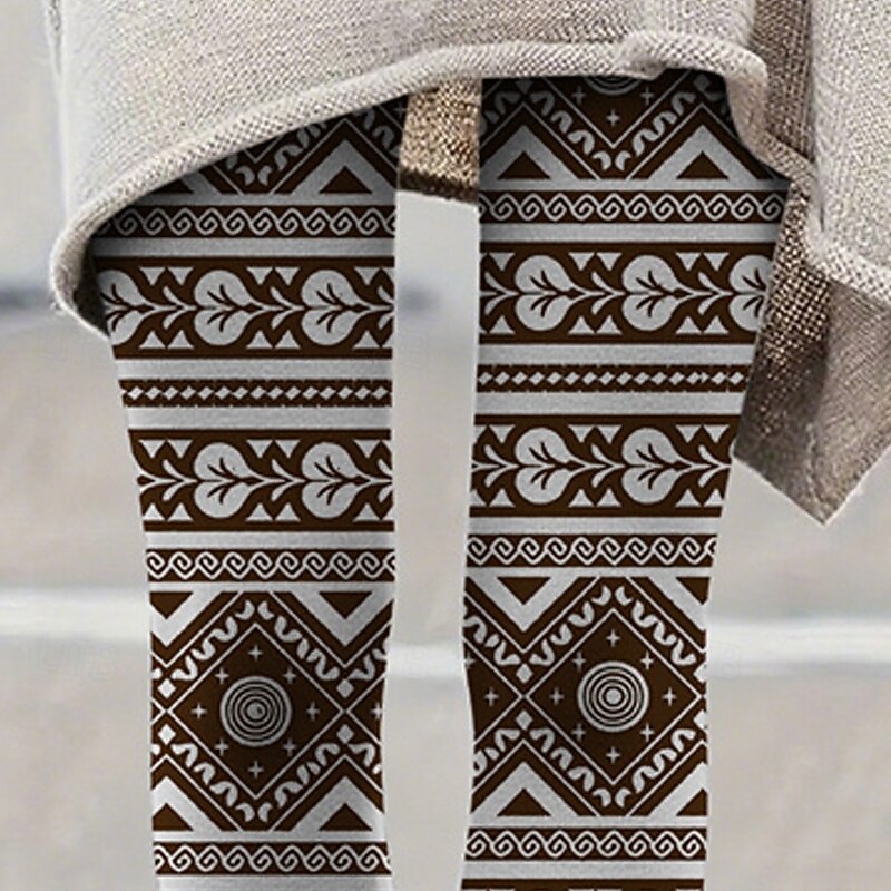 Women's Pants Trousers Leggings Cozy Leggings Casual Boho Full Length High Waist Geometry Elastic Waist Print Breathability Comfortable Stretchy Vacation Street Daily Wear Black Coffee Summer Spring3