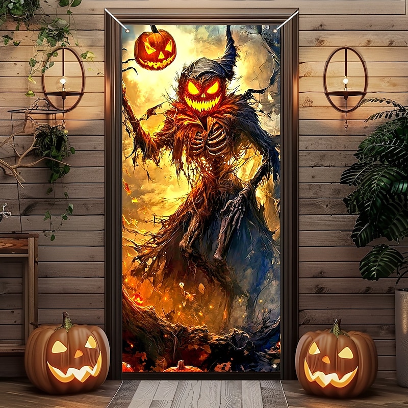 Halloween Door Cover Outdoor Banners Skeleton Pumpkin Scarecrow 3D Dark Punk Gothic Style Party Outdoor Shooting Backgrounds Front Door Wall Porch Home Decor3