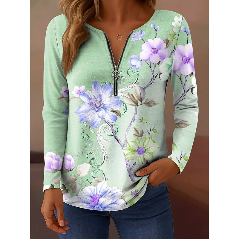 Women's T Shirt Floral Graphic Plants Elegant Vintage Stylish Long Sleeve V Neck Regular Tops Daily Weekend Zipper Print Pink Blue Purple Green Summer Spring Fall3