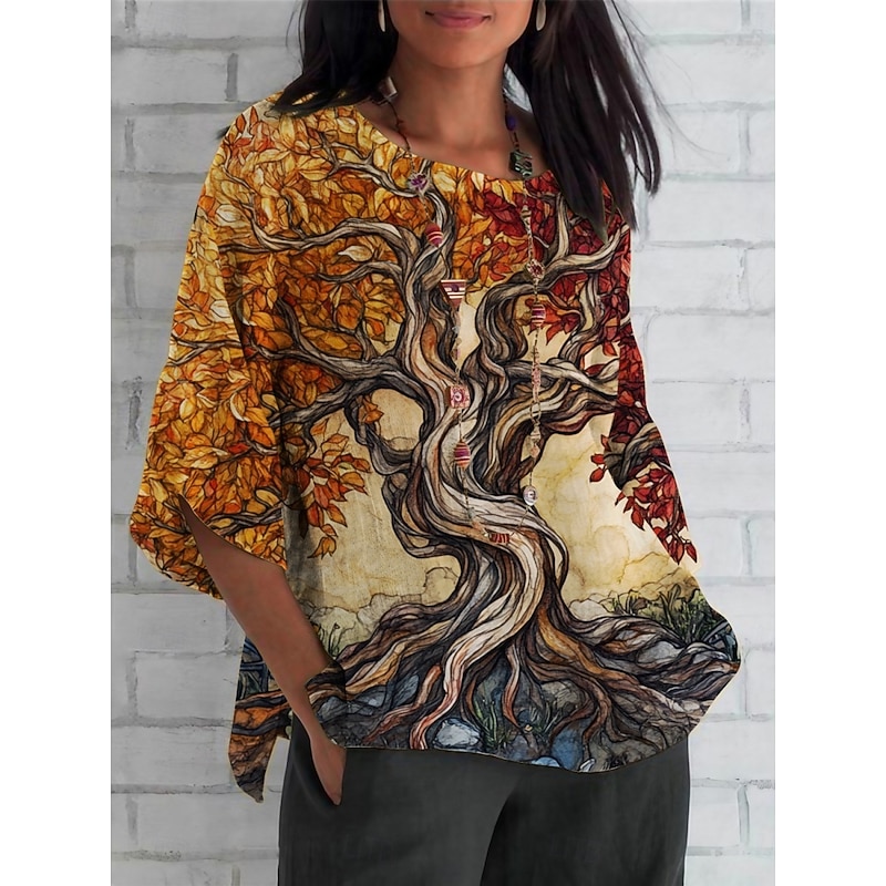 Women's Shirt Tree Bohemia Daily Casual 3/4 Length Sleeve Crew Neck Regular Tops Daily Holiday Print Blue Orange Green Summer Spring Fall