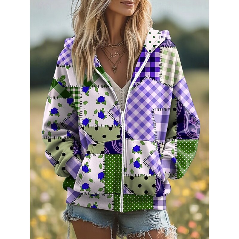 Women's 3D Print Vintage Boho Hoodie Patchwork Hoodie Sweatshirt Floral Zip Up Casual Long Sleeve Hooded Street Dailywear Patchwork Zipper Pocket Yellow Pink Purple Dark Blue Light Blue Spring Fall4