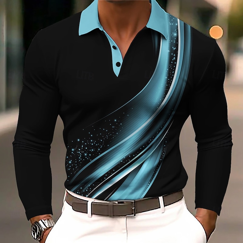 Men's Geometic Line Polo Long Sleeve Polo Shirts Lapel Business Casual Athleisure Daily Wear 3D Print Buttons Spring Fall Winter Blue Purple Brown