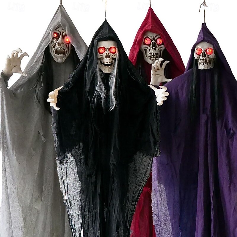 Halloween Hanging Ghost Skeleton Decorations Outdoor Hanging Grim Reapers Skeleton Led Light up Red Eyes Bendable Arms Scary Haunted House Prop2