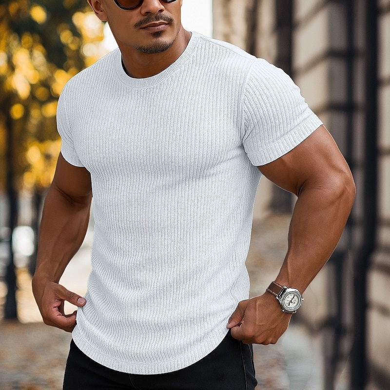 Men's T Shirt Muscle Shirt Tee Top Short Sleeve Short Sleeves Crew Neck All Seasons Solid Color Fashion Designer Sporty Basic Street Casual Going out Black White Coffee Top Tee for Men