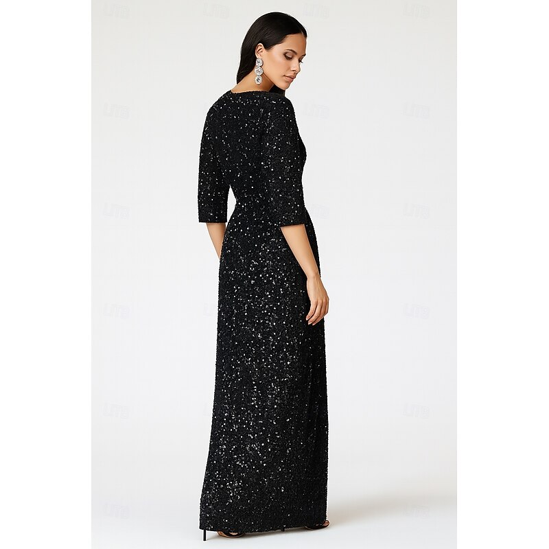 Black Tie Sequined Sheath / Column Evening Gown Elegant Dress Formal Wedding Floor Length 3/4 Length Sleeve V Neck with Glitter Strappy 20252