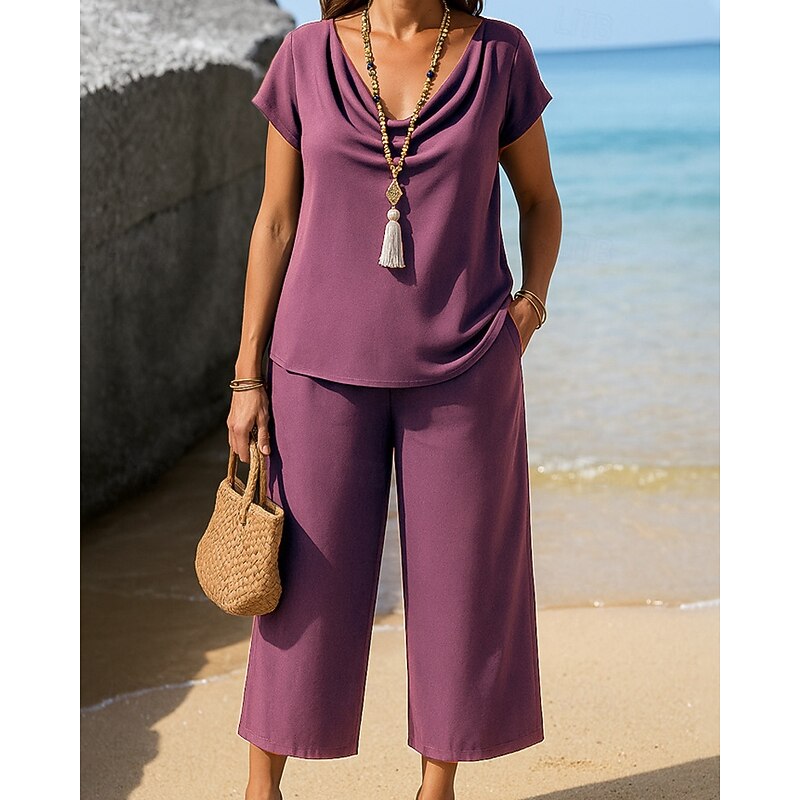 Women's Active Blouse Pants Sets Short Sleeve V Neck Solid Color Ruched Daily Wear Going out Weekend Navy Blue Blue Purple Summer Regular Fit3