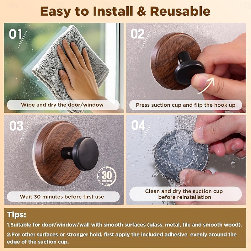 4-Pack Walnut Wreath Hanger for Front Door,Christmas/Halloween Heavy Duty Suction Cup Reef Hook for Glass Window/Over Door/Outdoor3