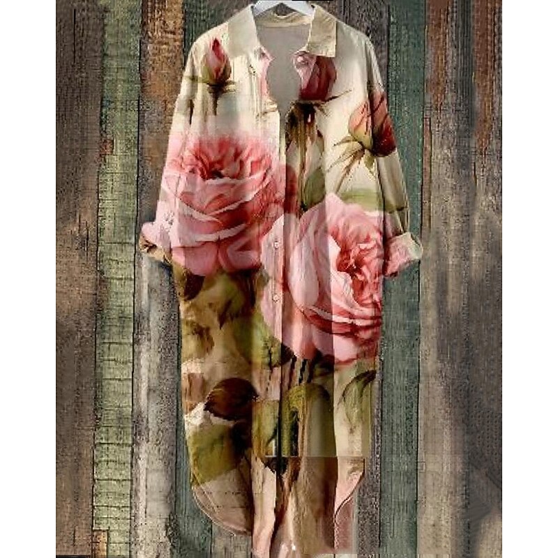 Women's Midi Dress Shirt Dress Casual Dress Fashion Modern Daily Beach Weekend Regular Fit Flower Long Sleeve Shirt Collar White Pink Red Blue Spring Fall3