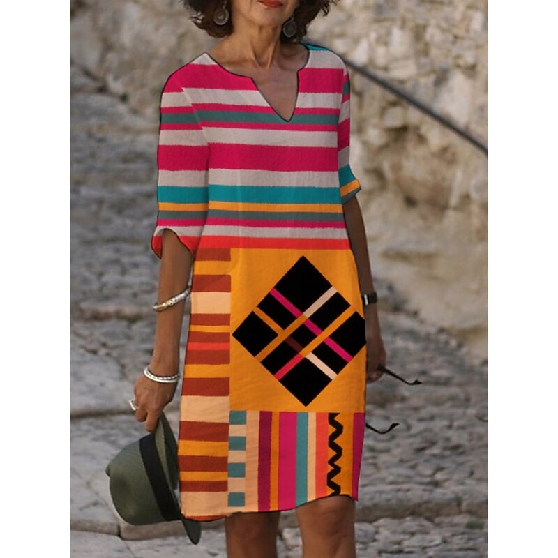 Women's Midi Dress Casual Dress Print Dress Vintage Daily Beach Weekend Regular Fit Geometric Color Block 3/4 Length Sleeve Crew Neck Yellow Purple Fuchsia Orange Summer Spring Fall Autumn4