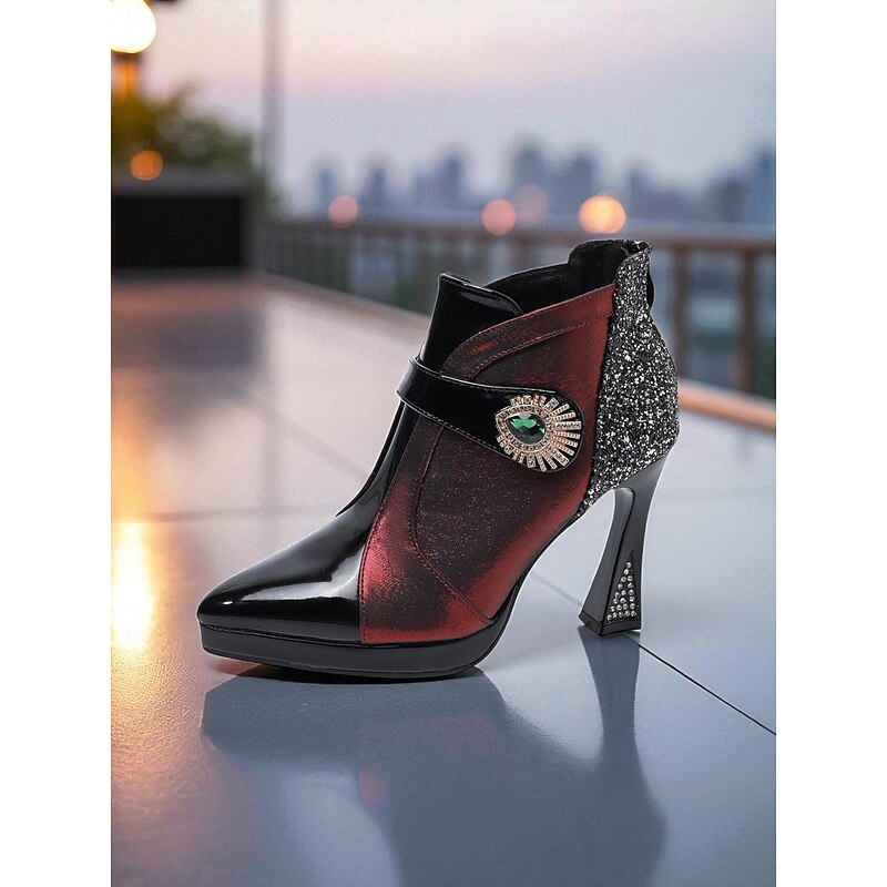 Women's Glitter High Heel Ankle Boots, Patent Leather Party Shoes with Retro Brooch Design for Nightlife Outfits4