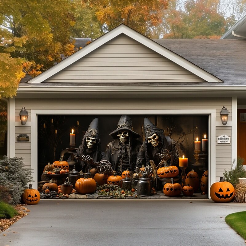 Halloween Tapestry Garage Door Cover Large Hanging Backdrop Pumpkin Witch Dark Punk Gothic Style Party Outdoor Shooting Backgrounds Front Door Home Decor2
