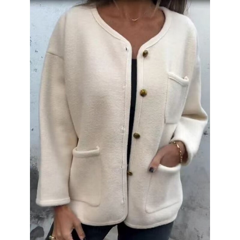 Women's Winter Coat Comfortable Breathable Pocket Buttons Fashion Daily Plain Outdoor Casual Daily Single Breasted Regular Crewneck Regular Fit Long Sleeve Outerwear Black White Khaki Spring Fall3