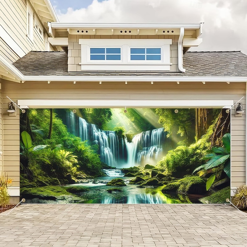 Garage Door Cover Large Hanging Backdrop Waterfall Jungle Forest Rustic Cottagecore 3D Party Outdoor Shooting Backgrounds Front Door Home Decor4