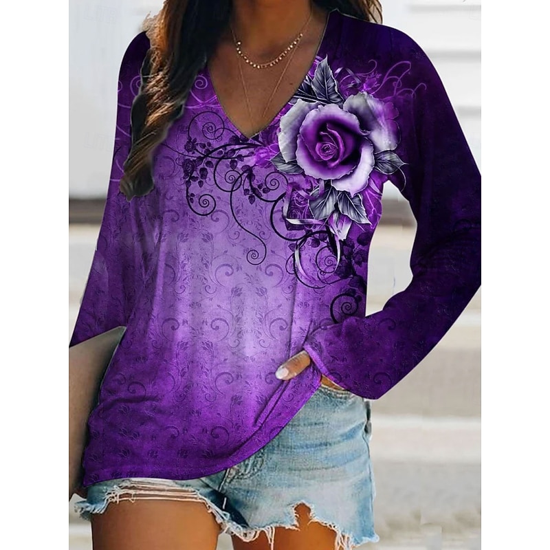 Halloween Women's T Shirt Graphic Rose Vintage Stylish Classic Long Sleeve V Neck Regular Tops Daily Print Pink Purple Green Spring Fall
