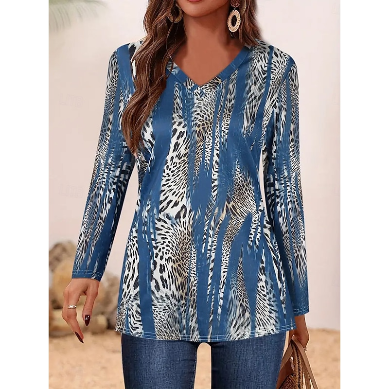 Women's T Shirt Graphic Leopard Vintage Stylish Casual Long Sleeve V Neck Regular Tops Daily Print Blue Spring Fall