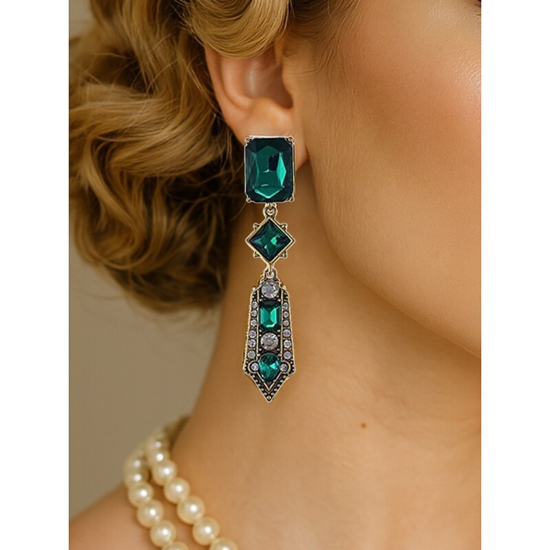 Women's Art Deco Green Crystal Drop Earrings - 1920s Vintage Statement Jewelry for Gatsby Parties and Retro Evening Events