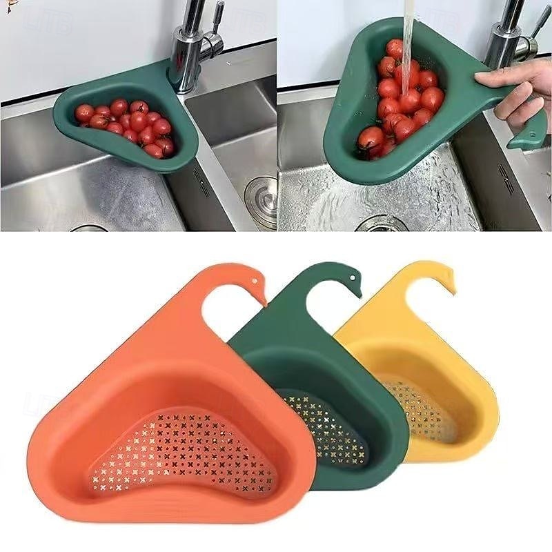 3pcs Kitchen Sink Drain Basket Swan Drain Rack, Triangular Corner Sink Strainer, Saddle Design Hanging Filter Basket for Fruits, Vegetables, and Food Waste, No Drilling Required