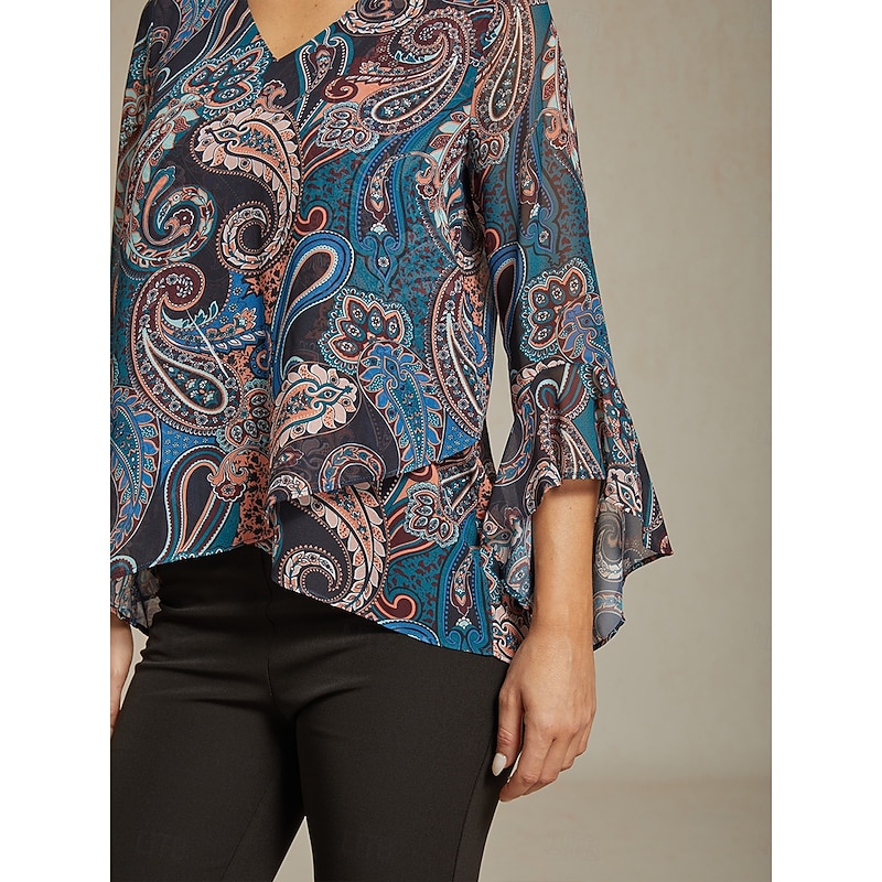 Women's Boho Shirt Blouse Paisley Vintage Stylish Casual Long Sleeve V Neck Regular Tops Wedding Guest Work Daily Ruffle Navy Blue Summer Spring Fall3