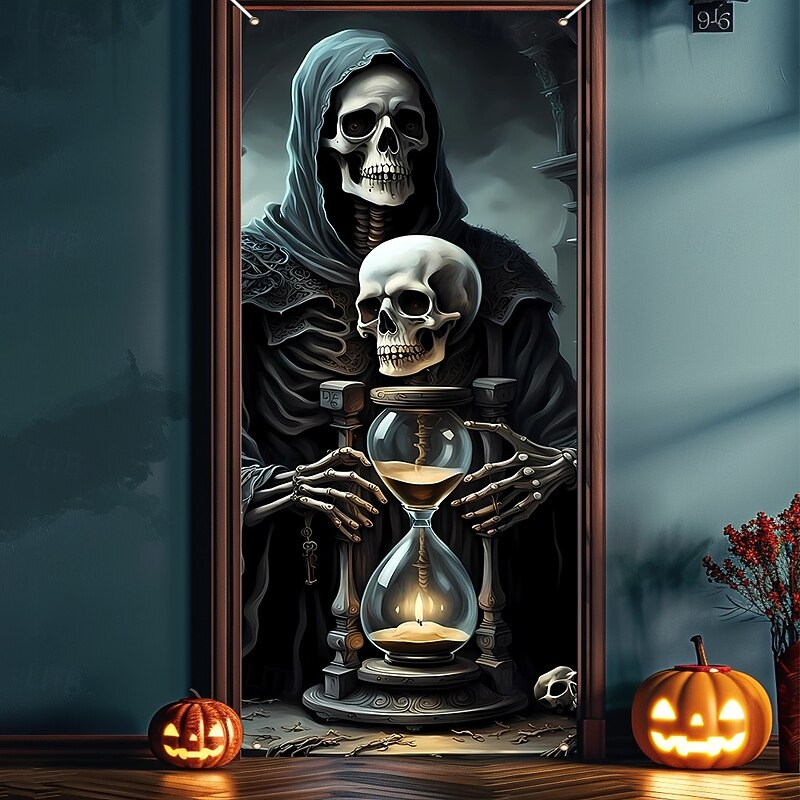 Halloween Door Cover Outdoor Banners Skeleton Grim Reaper 3D Psychedelic Dark Punk Gothic Style Party Outdoor Shooting Backgrounds Front Door Wall Porch Home Decor