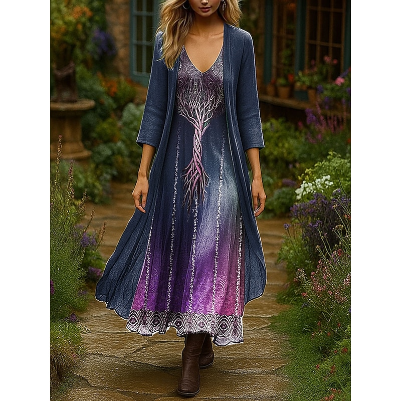 Women's Dress Set Maxi Dress A Line Dress Summer Dress Vacation Boho Ombre Graphic Layered Print Maxi Dress 3/4 Length Sleeve V Neck Outdoor Daily Blue Purple Green Spring Fall Regular Fit3